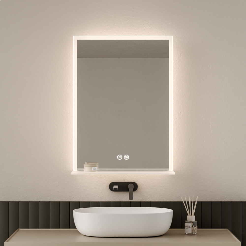 EMKE Badspiegel mit Ablage, Spiegel mit Beleuchtung Beschlagfrei Lichtspiegel Wandspiegel 50x70 cm mit Touch, Kaltweiß Bild 1