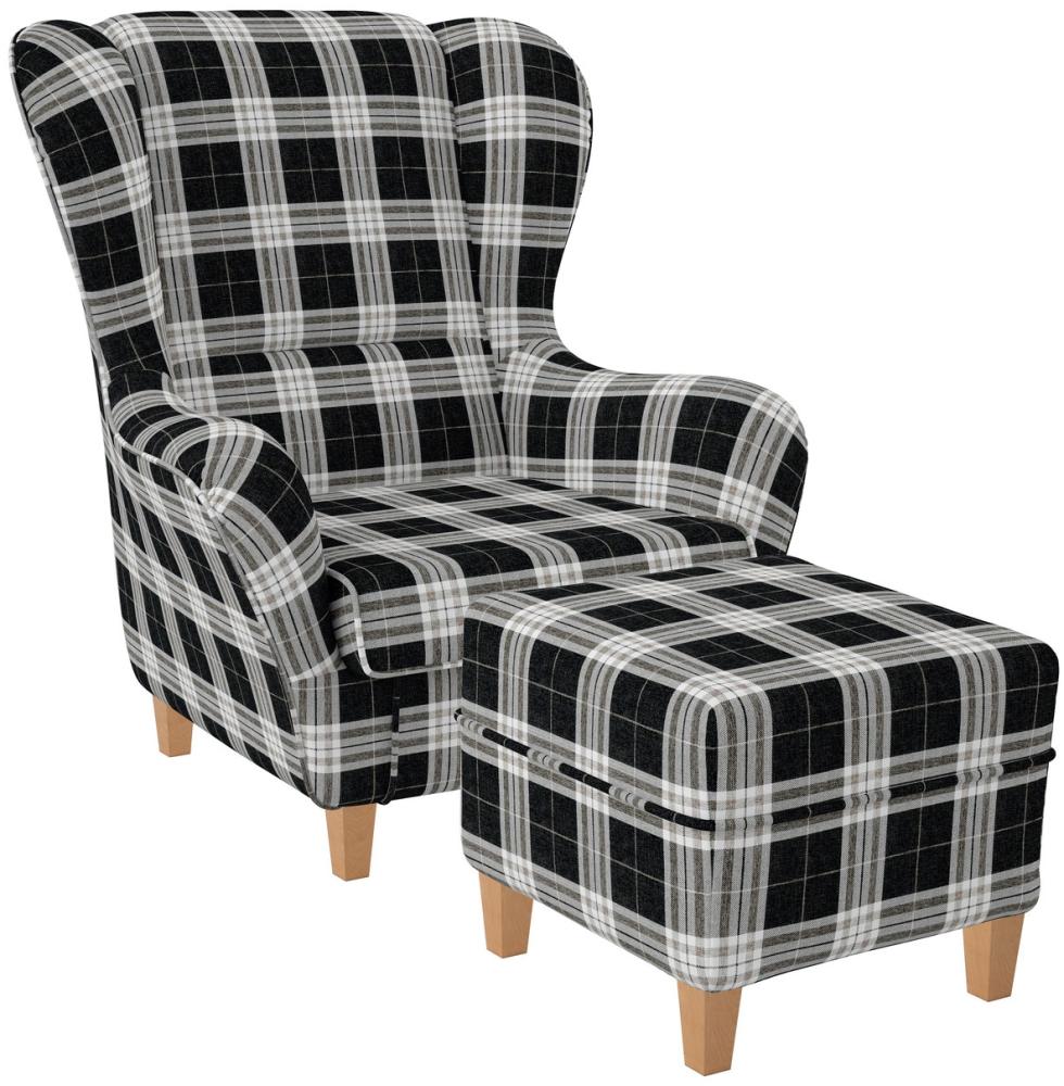 Supellex Sofia Ohrensessel mit Hocker | Design Oxford kariert Bild 1