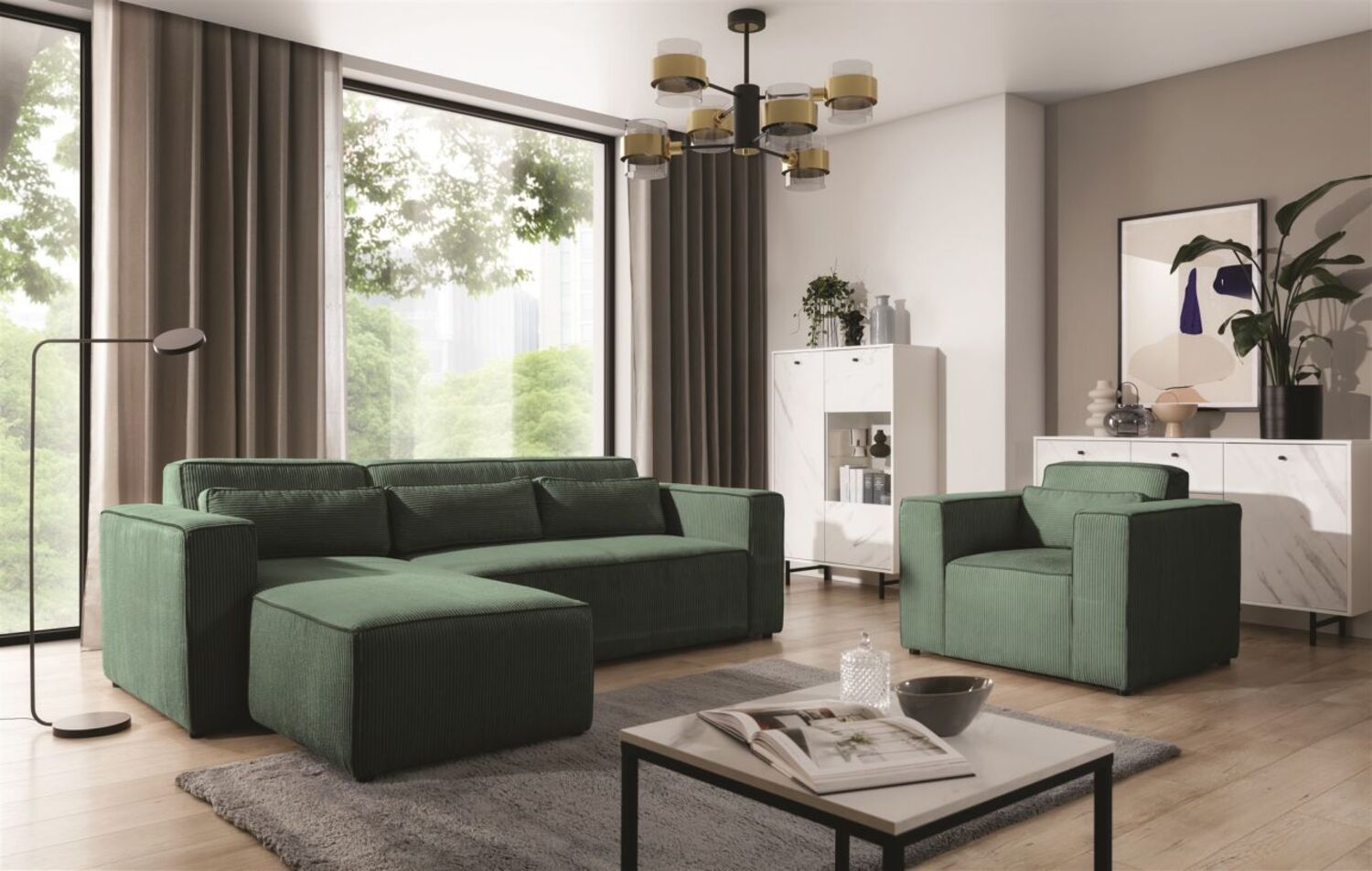 Ecksofa Schlafsofa inkl. Sessel WALDO Stoff Poso Grün Ottomane Links Bild 1