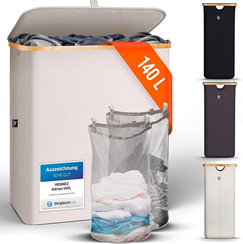 HENNEZ Wäschekorb Bambus mit Deckel 2 Fächer, 140L Wäschesack - Wäschesortierer Wäschebox Wäschetonne Wäschesammler Bild 1