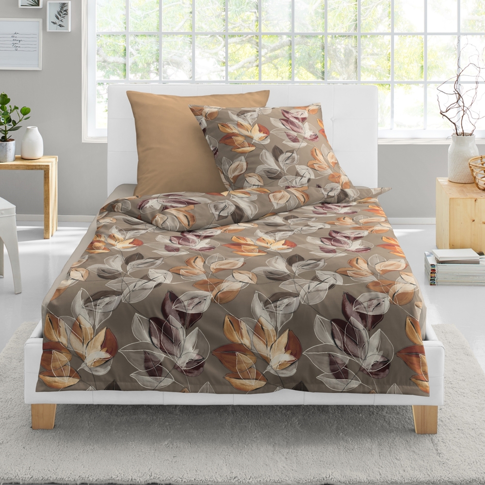 Bettwäsche Bierbaum Biber 4136-81 Blätter nuss caramel orange 135x200 Bild 1