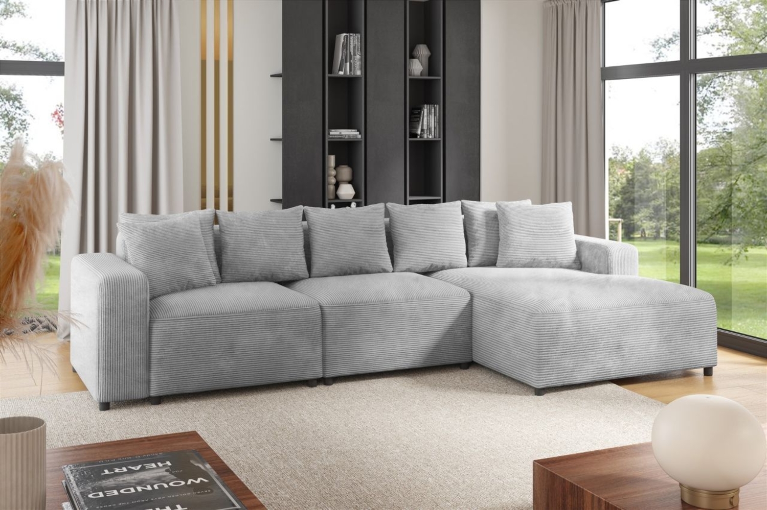 Ecksofa Designersofa Sofa MEGAN in Stoff Poso Hellgrau Ottomane Rechts Bild 1