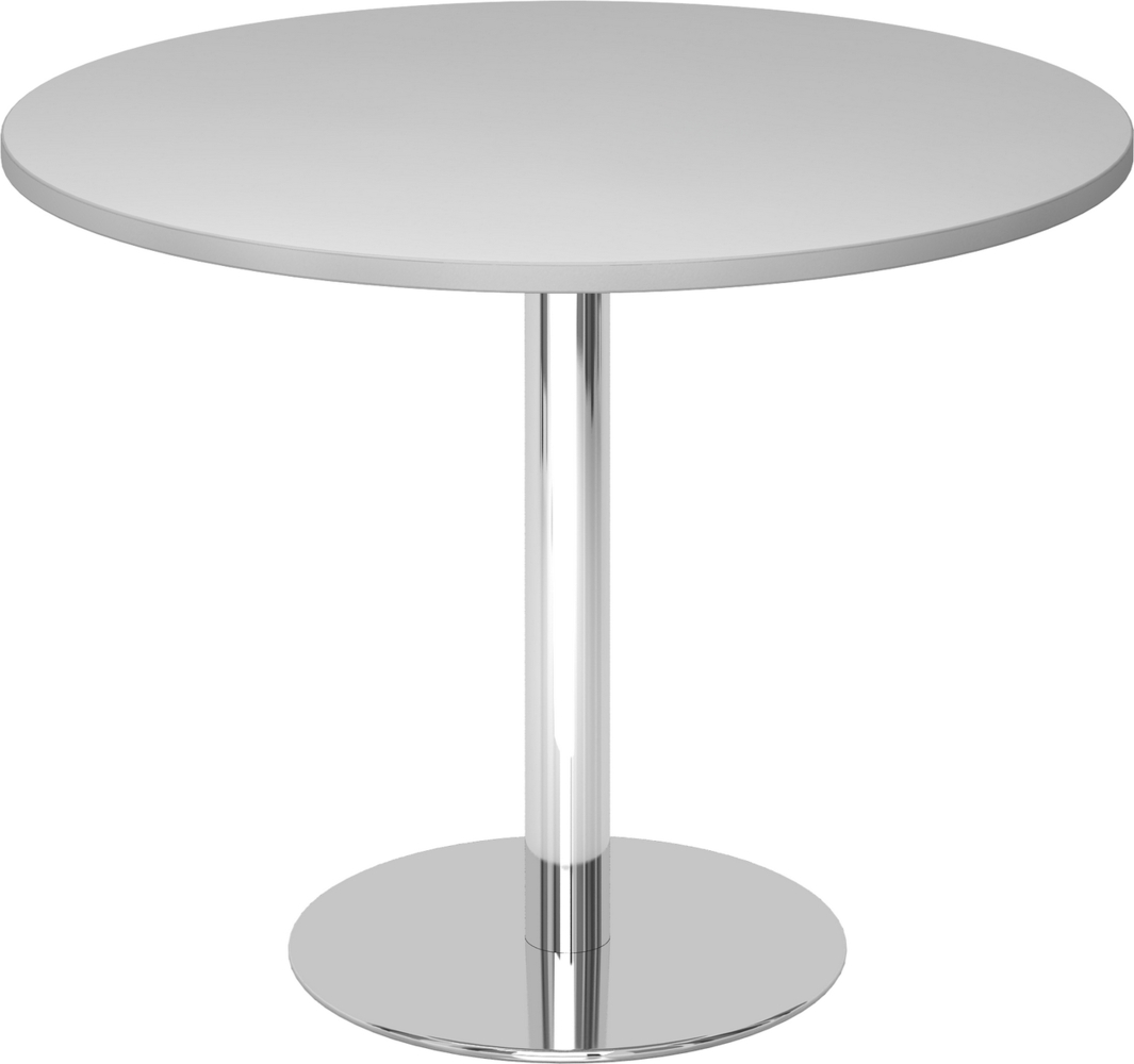 bümö Besprechungstisch, Esstisch klein, Tisch rund 100 cm - kleiner Esstisch grau, Rundtisch Esstisch 2 Personen mit Holz-Platte, Säule aus Metall verchromt, Konferenztisch, Bistrotisch, STF10-5-C Bild 1