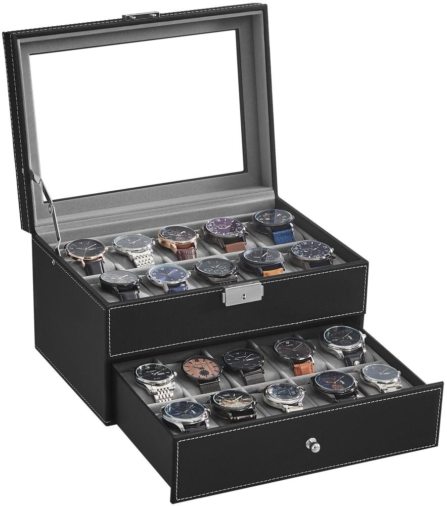 SONGMICS Uhrenbox, Uhrenkasten mit Glasdeckel, 2 Ebenen, Uhrenkoffer mit herausnehmbaren Uhrenkissen, Uhrenschatulle, Geschenkidee, PU-Bezug in Schwarz, Samtfutter in Grau JWB020 Bild 1