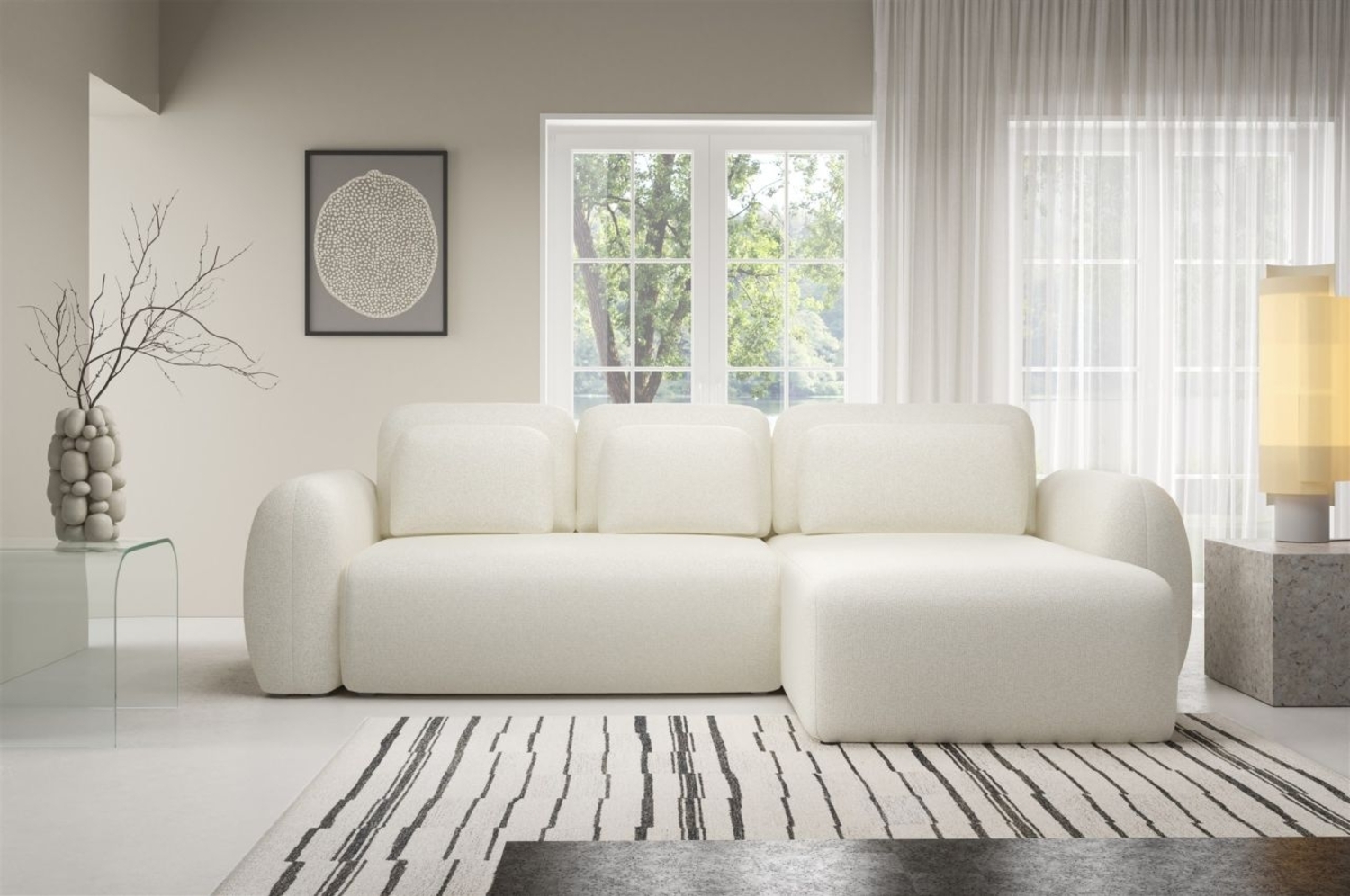 Ecksofa Schlafsofa Sofa GASTON in Stoff Puente Ecru Ottomane Rechts Bild 1