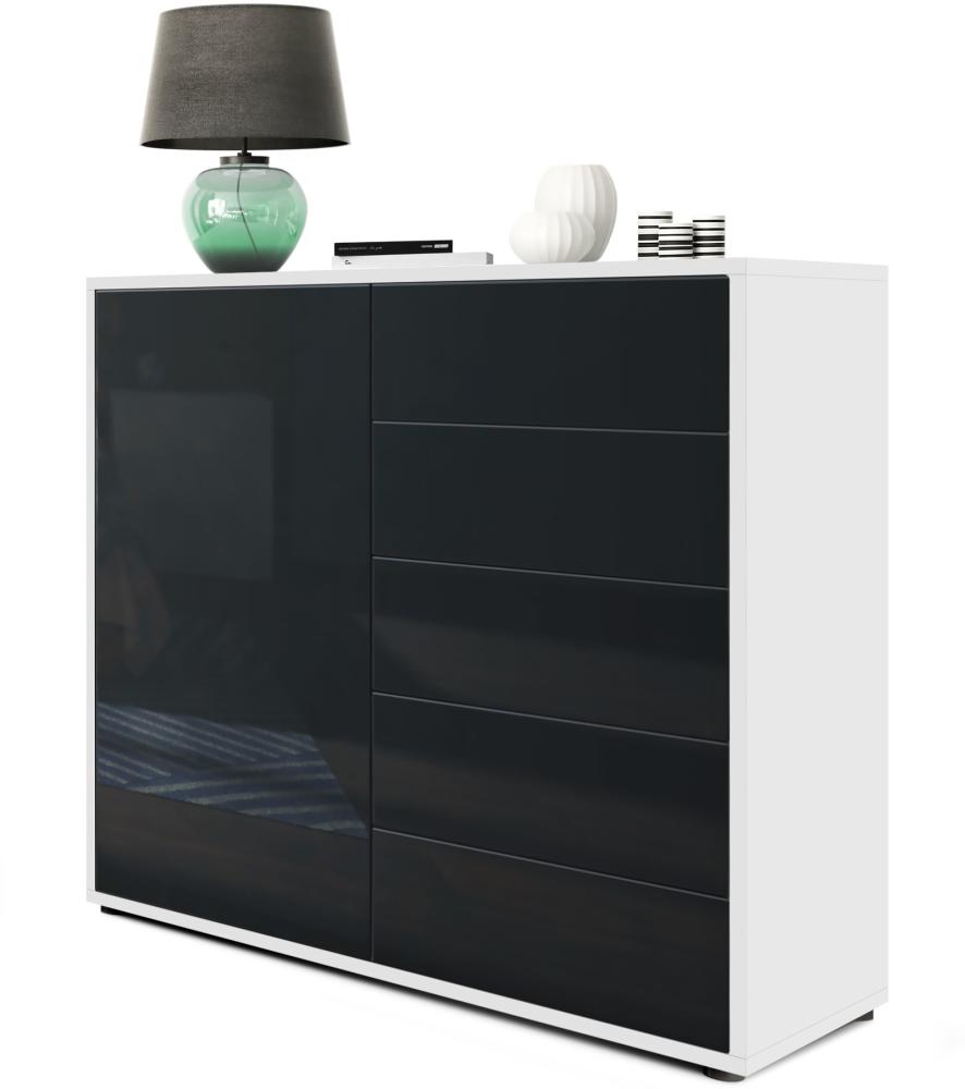 Vladon Sideboard Ben V2, Kommode mit 1 Tür und 5 Schubladen, Weiß matt/Schwarz Hochglanz (79 x 74 x 36 cm) Bild 1