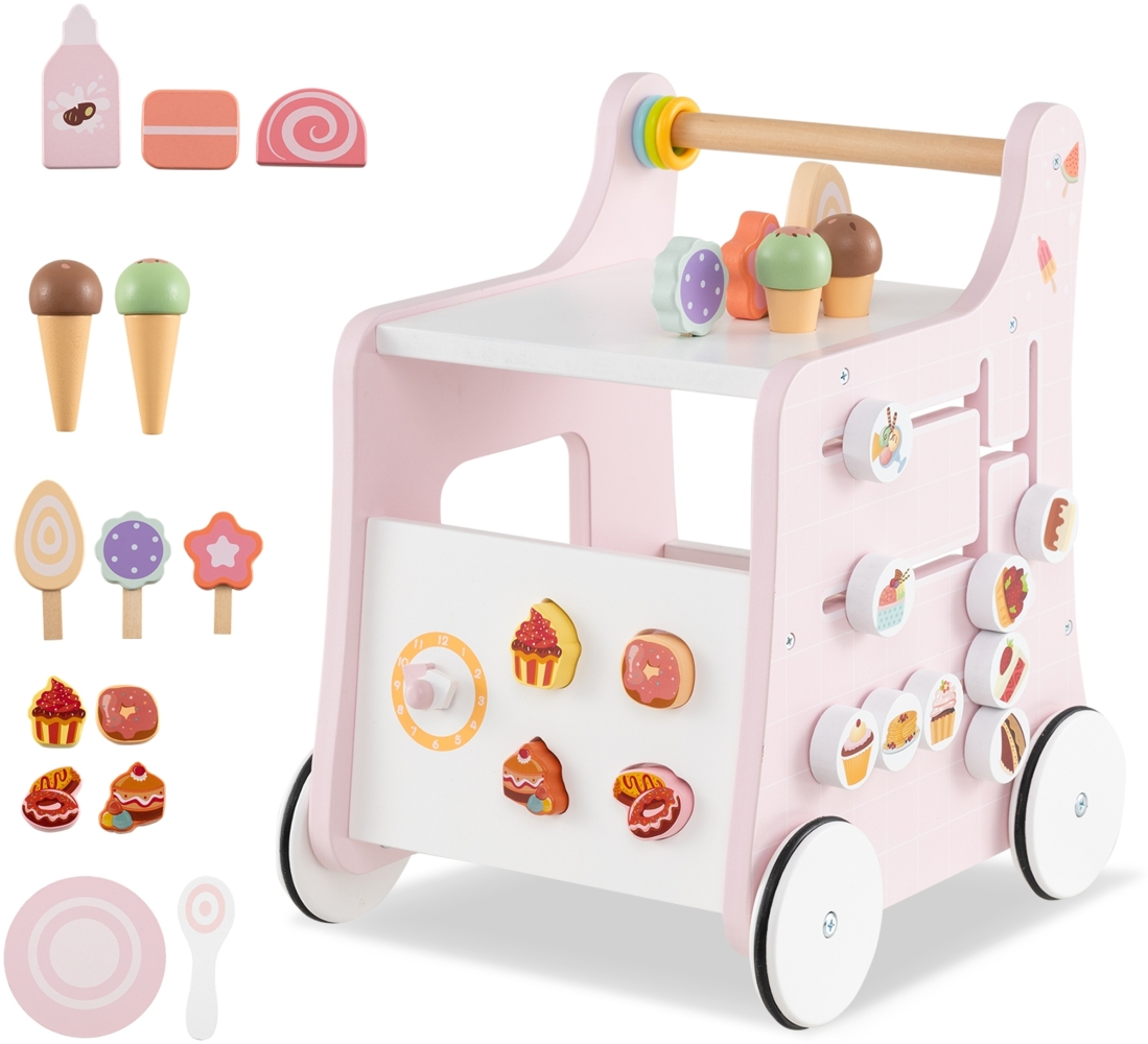 Holz Lauflernwagen mit Stauraum Lauflernhilfe auf Rädern Dessertladen mit Eiscreme Rosa Bild 1