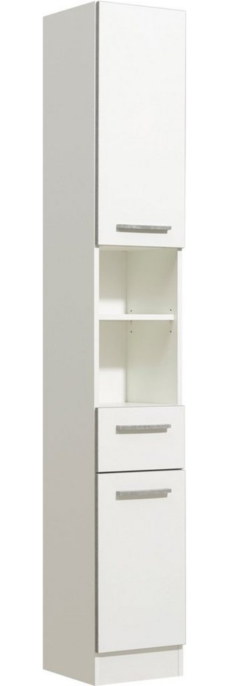 Saphir Hochschrank Quickset 953 Badschrank 30 cm breit, 2 Türen, Nische, 1 Schublade Badezimmer-Hochschrank, Weiß Glanz, Griffe in Betonoptik Bild 1