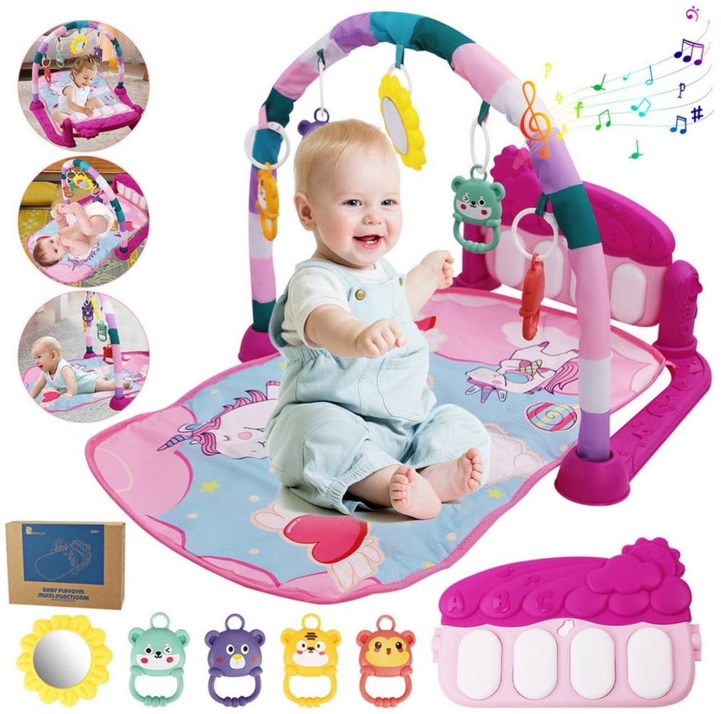 Krabbeldecke Spielmatte mit Spielbogen Baby Lernmatte Spieldecke Erlebnisdecke, ZEUOPQ, mit lustigen Tiermotiven und 5 hängende Cartoon-Spielzeuge. Bild 1
