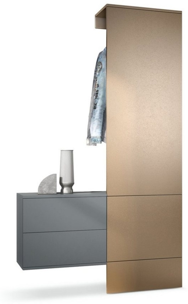 Garderobe Carlton Set 2, Wandgarderobe aus Deko-Paneel & hängender Schubladen-Kommode, Anthrazit matt/Bronze Optik (105 x 193 x 35 cm) Bild 1