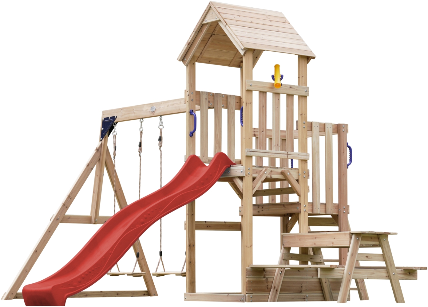 AXI Mette Spielturm aus Holz mit 2 Schaukeln XXL Spielhaus / Spielplatz für Kinder mit Picknicktisch, Sandkasten & Rutsche in Rot | Braun, Rot | Holz | 383 cm Bild 1