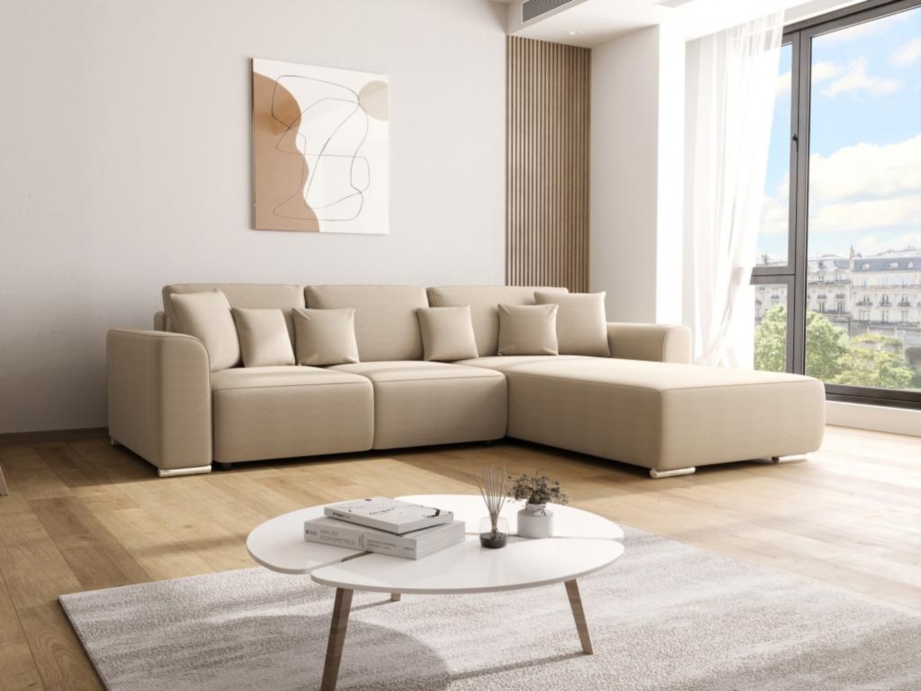Vente-unique - Ecksofa mit Schlaffunktion - Ecke wechselbar - Stoff - Beige - MELTANA Bild 1