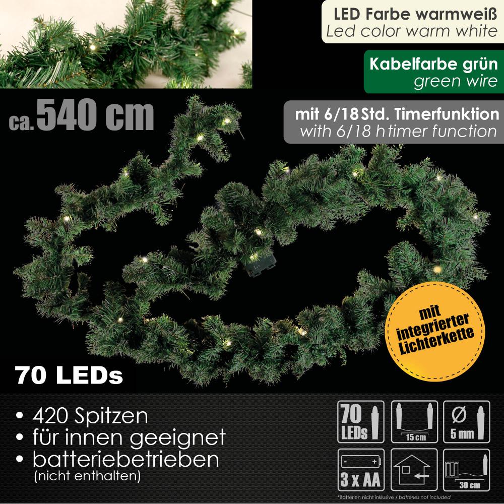 5,4m Weihnachtsgirlande 420 Spitzen 70 LED Batterie Lichterkette Weihnachtsdeko Bild 1