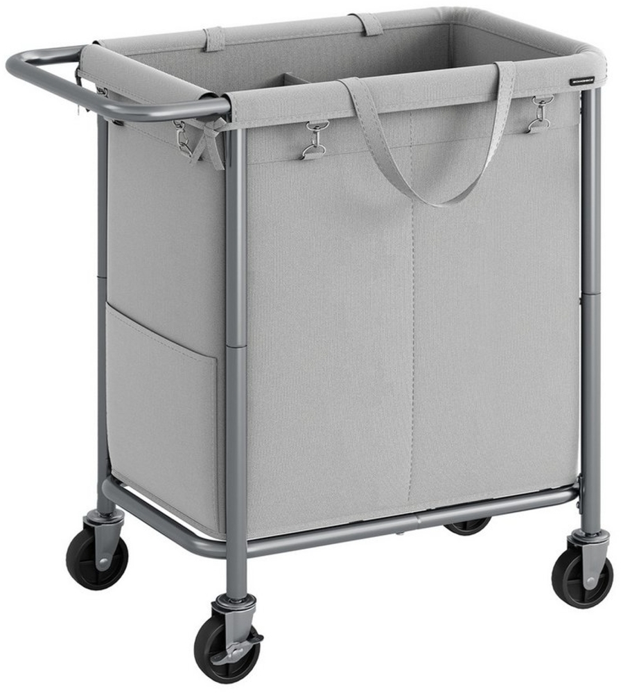 Songmics Wäschekorb mit Rollen, Wäschesammler 2 Fächer, Wäschewagen, 140 Liter, Wäschesack abnehmbar, Stahlrahmen, mit Griff, geräumig, 69 x 39 x 81 cm, taubengrau Bild 1