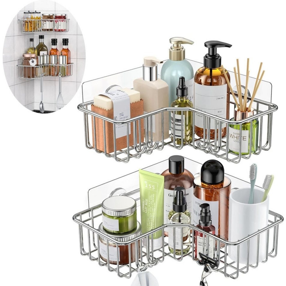 SURFOU Duschregal duschablage ohne bohren badezimmer organizer duschregal ohne bohren, 2 Stück duschablage mit 4 Haken 2-tlg, L-Design spart Platz, Edelstahl ist wasser- und rostbeständig Bild 1