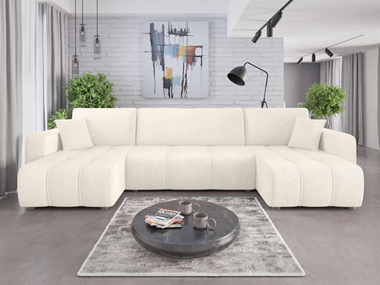 Wohnlandschaft mit Schlaffunktion DAGNY Sofa U-Form in Stoff Poso Creme Bild 1