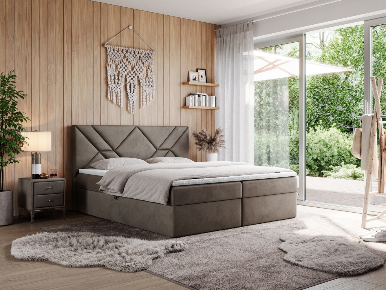 Boxspringbett, Polsterbett mit Multipocket-Matratzen und Topper, dekorativem Kopfteil, zwei Bettkästen - NEOMI - 200 x 200 cm - Braun Velours - H3 Bild 1