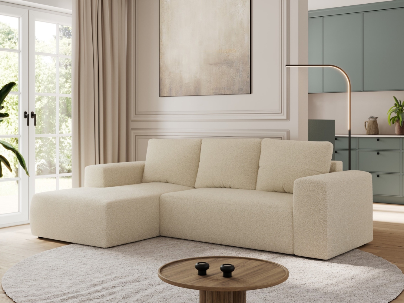 Ecksofa mit Schlaffunktion, Bettkasten und losen Kissen für das Wohnzimmer - TRENTINO - Beige Boucle - links Bild 1