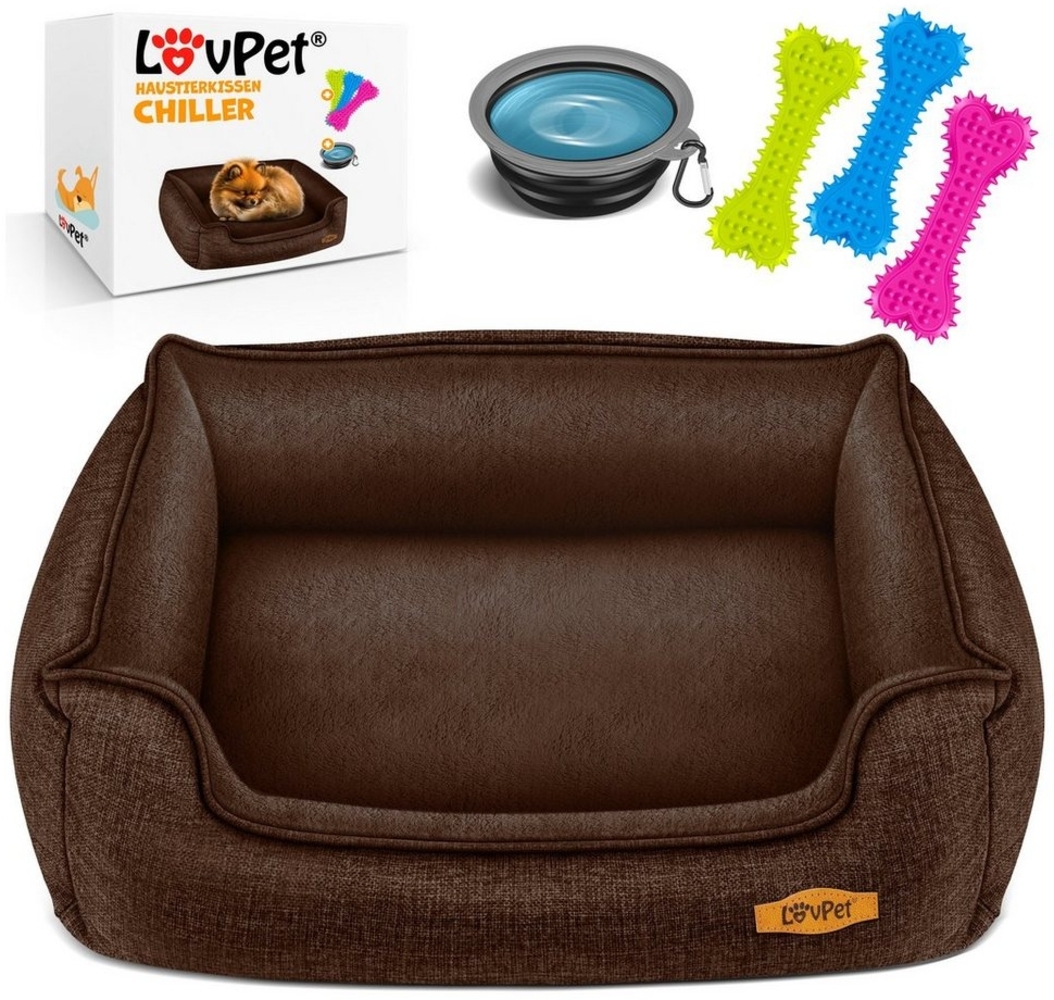 LovPet® Hundebett Hundekissen Hundekorb Chiller, Inkl. Napf + 3X Kauknochen, Hundesofa Kissen für Kleine, Mittelgroße & Große Hunde, Bezug abnehmbar und waschbar Braun, XL (110 x 75 x 27 cm) Bild 1