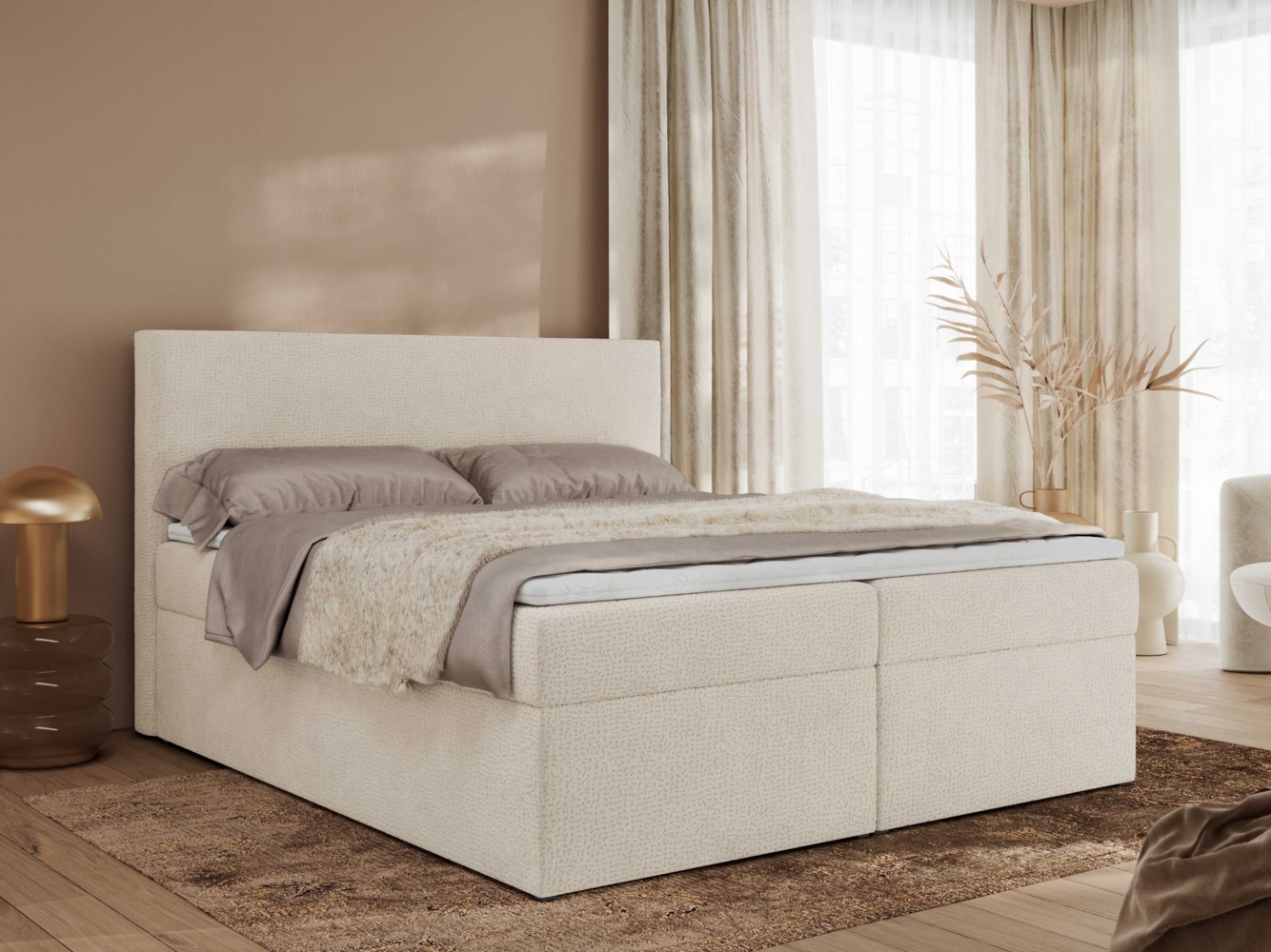 Boxspringbett mit Multipocket-Matratze und Topper, Doppelbett, Struktur dekostoff, Polsterbett mit Bettkästen - JAGUAR - 160 x 200 cm - Beige Struktur - H4 Bild 1
