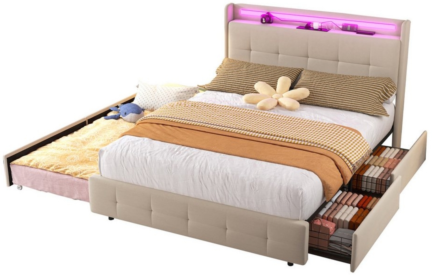 REDOM Polsterbett Multifunktional Stauraumbett Gästebett Jugendbett Funktionsbett (Doppelbett mit USB-Ladekopfteil, ausziehbarem Gästebett, LED-Licht & 2 Schubladen – Perfekt für Schlafzimmer & Jugendzimmer, 140x200cm), Ohne Matratze Bild 1