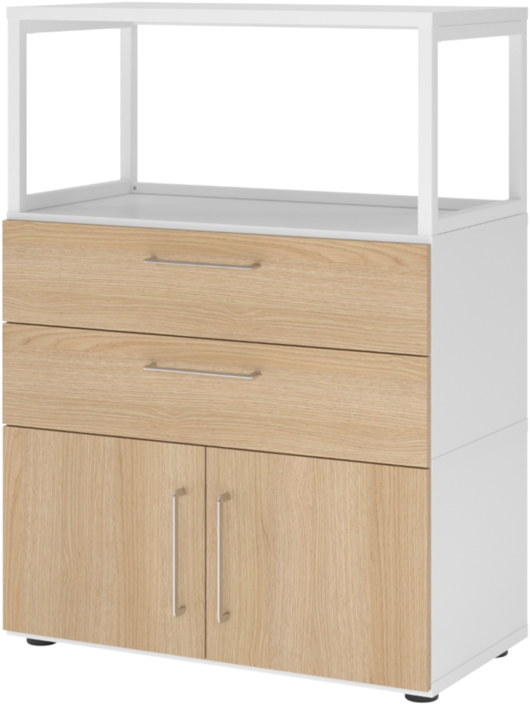 bümö flexi Schrank mit Flügeltüren, Regal & 2 Schubladen in Weiß/Eiche, Büroschrank mit werkzeuglosem Schnellmontage-Klicksysten in modularer Bauweise, FW38K1RG-W-E-BS Bild 1