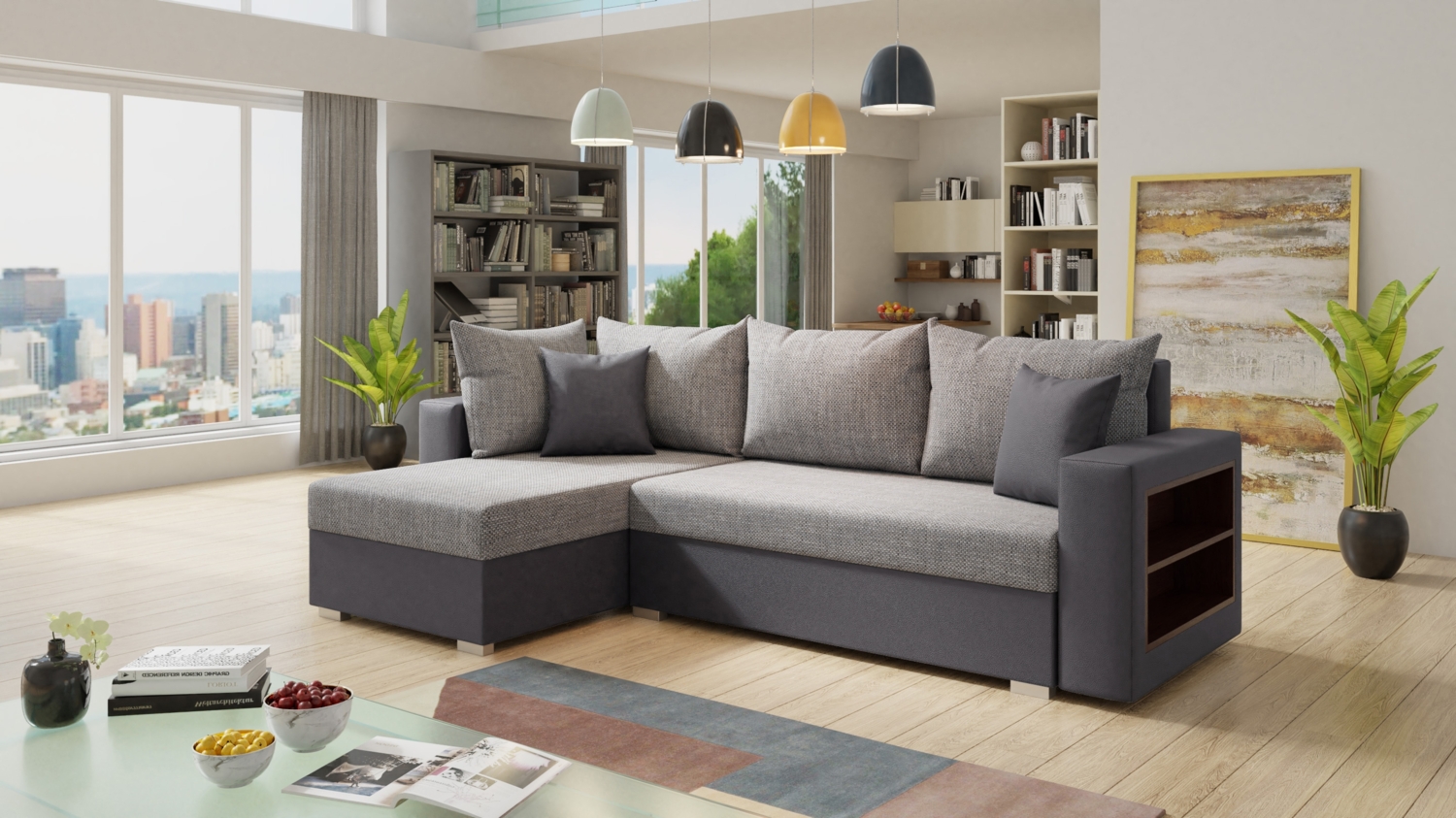 Ecksofa Lord mit Regal und Schlaffunktion - Sofa mit Bettkasten, Schlafsofa, Polsterecke, Couch L-Form, Couchgarnitur, Sofagarnitur (Grau + Grau (Dolaro 04 + Berlin 01), Ecksofa Links) Bild 1