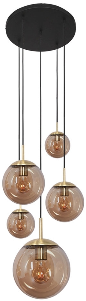 Hängeleuchte, 5-Flammig, Glaskugeln, amber, messing, H 375 cm Bild 1