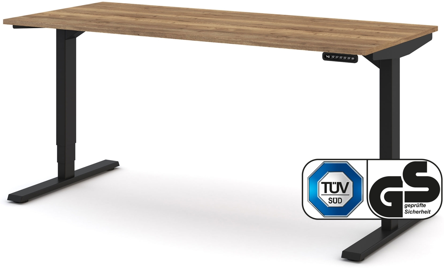 ASSMANN Elektrisch höhenverstellbarer Schreibtisch Y-Line 160x70cm Eiche Tabak Schwarz Metall Holz Melaminoberfläche Bild 1