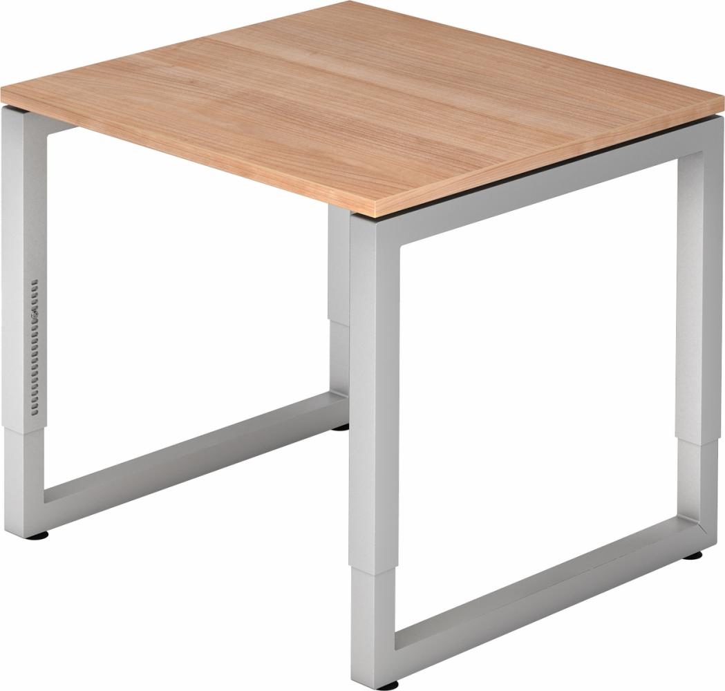 bümö höhenverstellbarer Schreibtisch R-Serie 80x80 cm in Nussbaum, Gestell in Silber - PC Tisch klein für's Büro manuell höhenverstellbar, Computertisch verstellbar, RS-08-N-S Bild 1