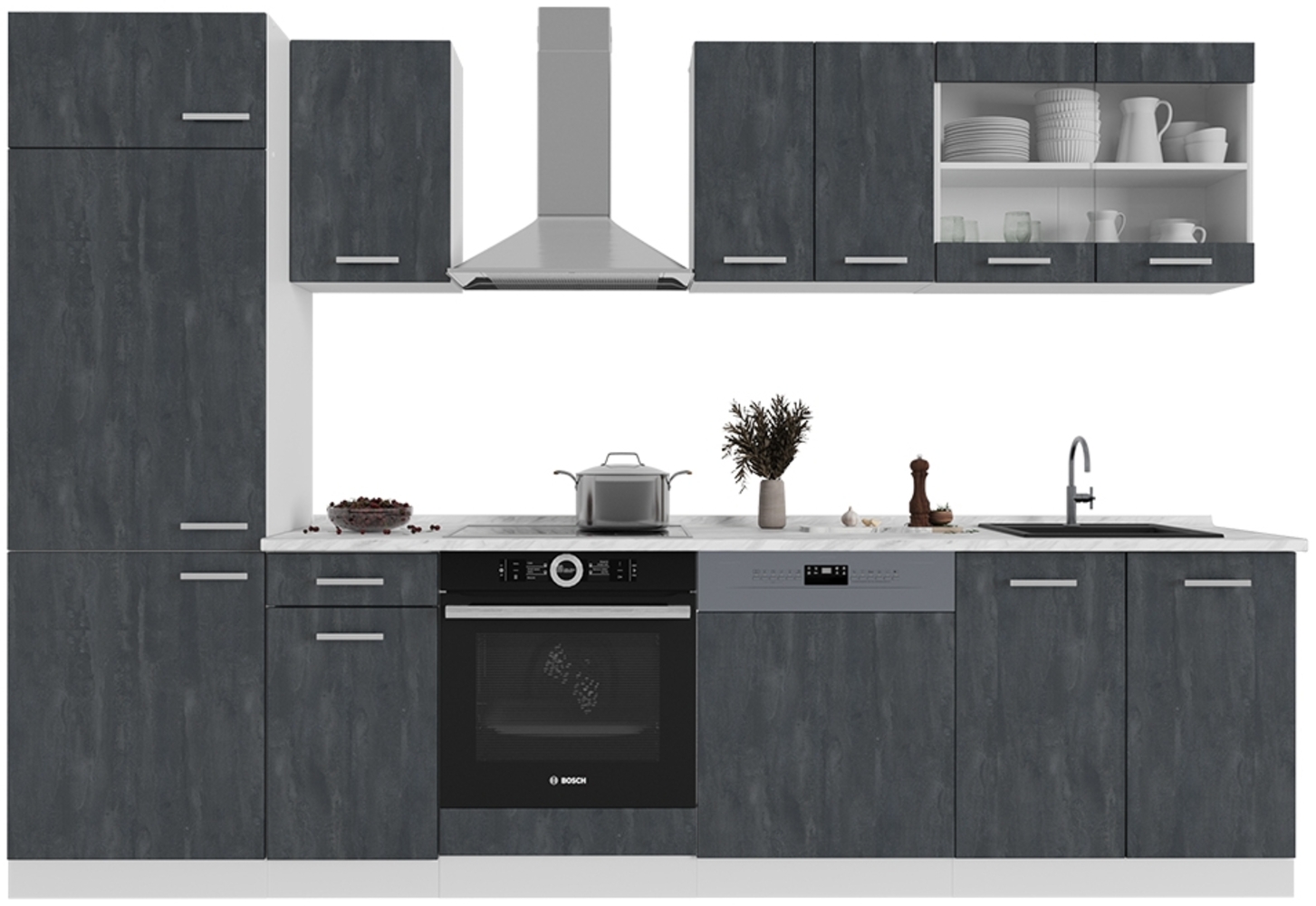 Küchenzeile R-Line Schwarz Beton/Weiß 300 cm ohne Arbeitsplatte Vicco Bild 1