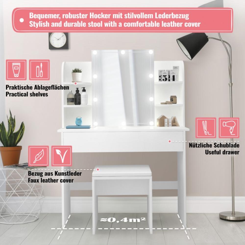 MIADOMODO® Schminktisch mit Beleuchtung - 1080x400x1400 mm, mit Spiegel, Hocker, Schublade, USB, LED, Dimmbar, Edel, Platzsparend, Weiß - Vanity Table, Kosmetiktisch, Make Up Tisch, Frisiertisch Bild 1