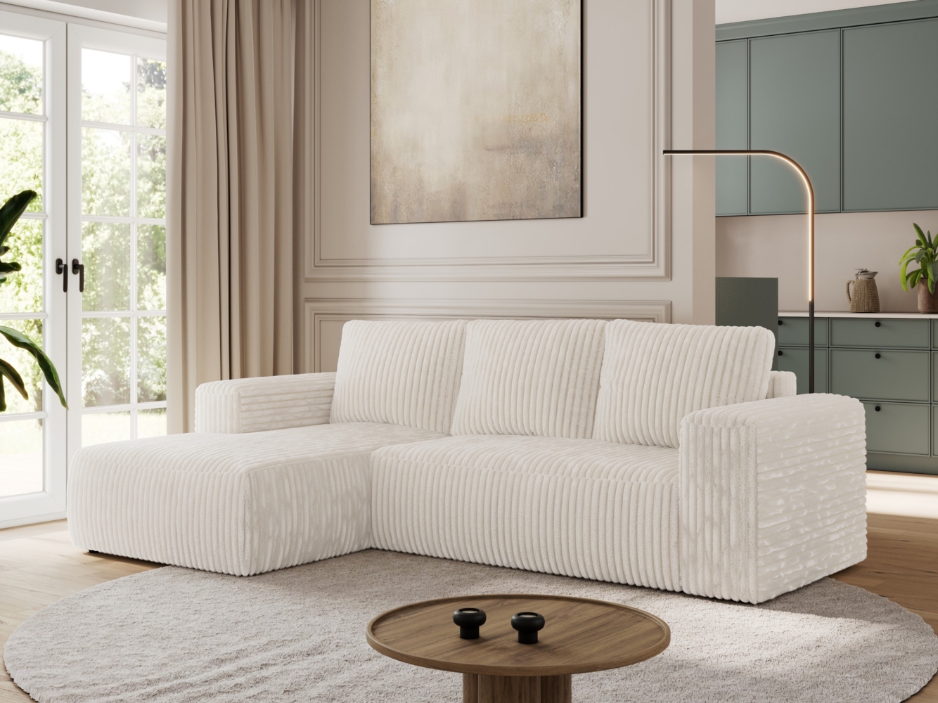 Ecksofa mit Schlaffunktion, Bettkasten und losen Kissen für das Wohnzimmer - TRENTINO - Beige Cord - links Bild 1