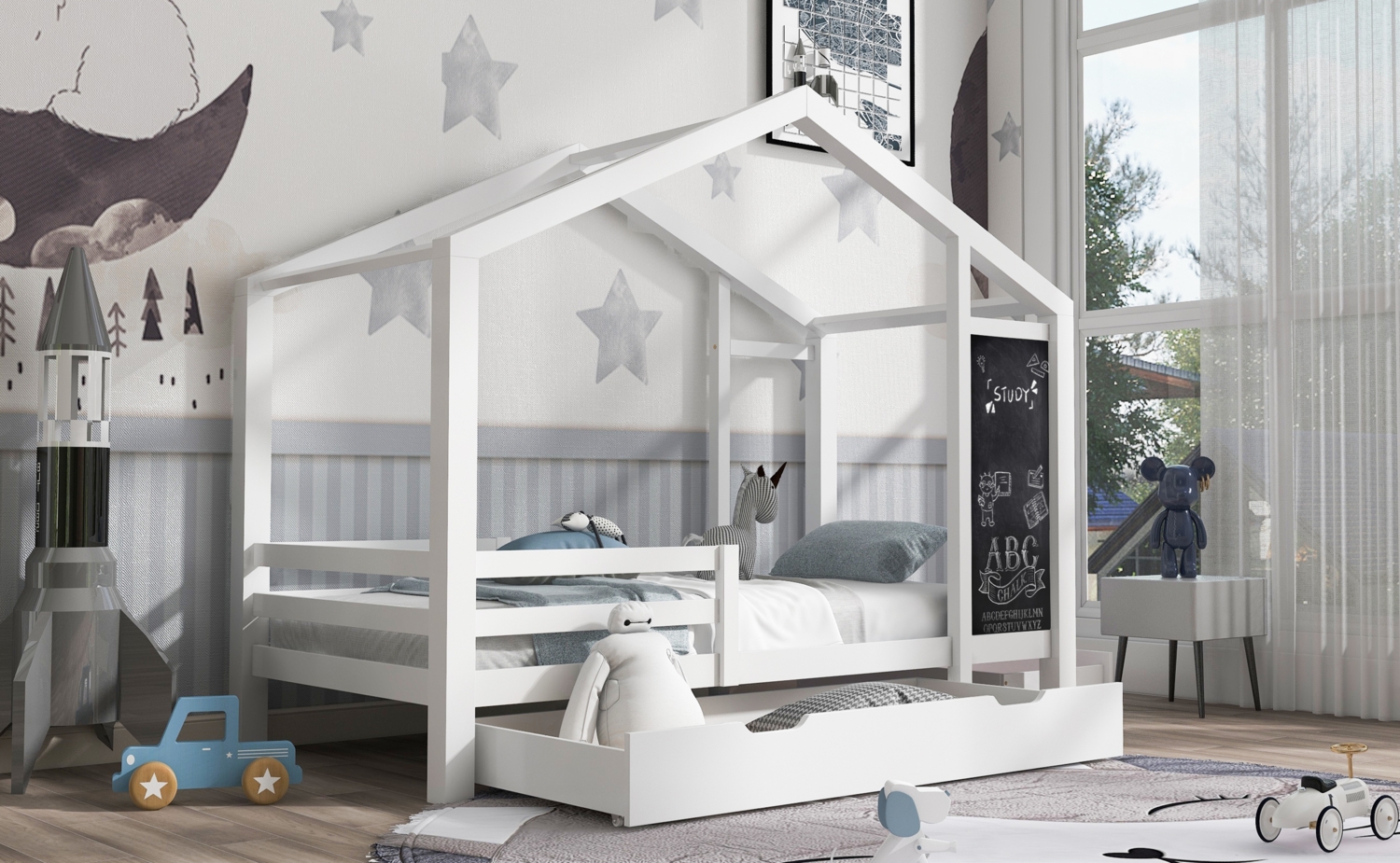 Kinderbett Hausform 90x200 cm, Kiefer-Massivholz mit Tafel & 2 Schubladen, Weiß, Lattenrost inklusive Bild 1