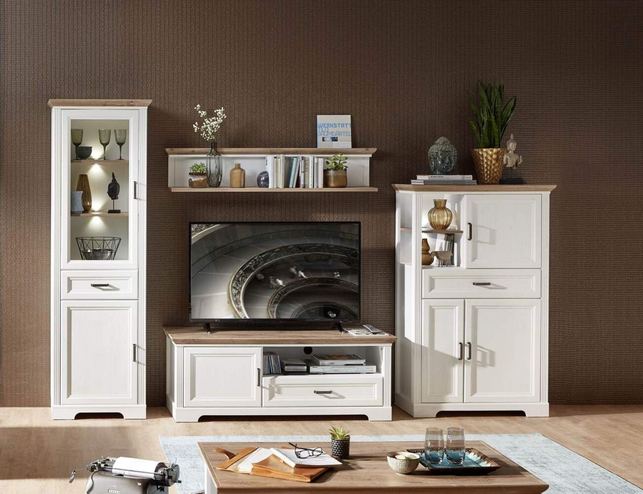 Wohnwand JASMIN UH80 Pinie weiß Nachbildung 4-teilig im Landhausstil Bild 1