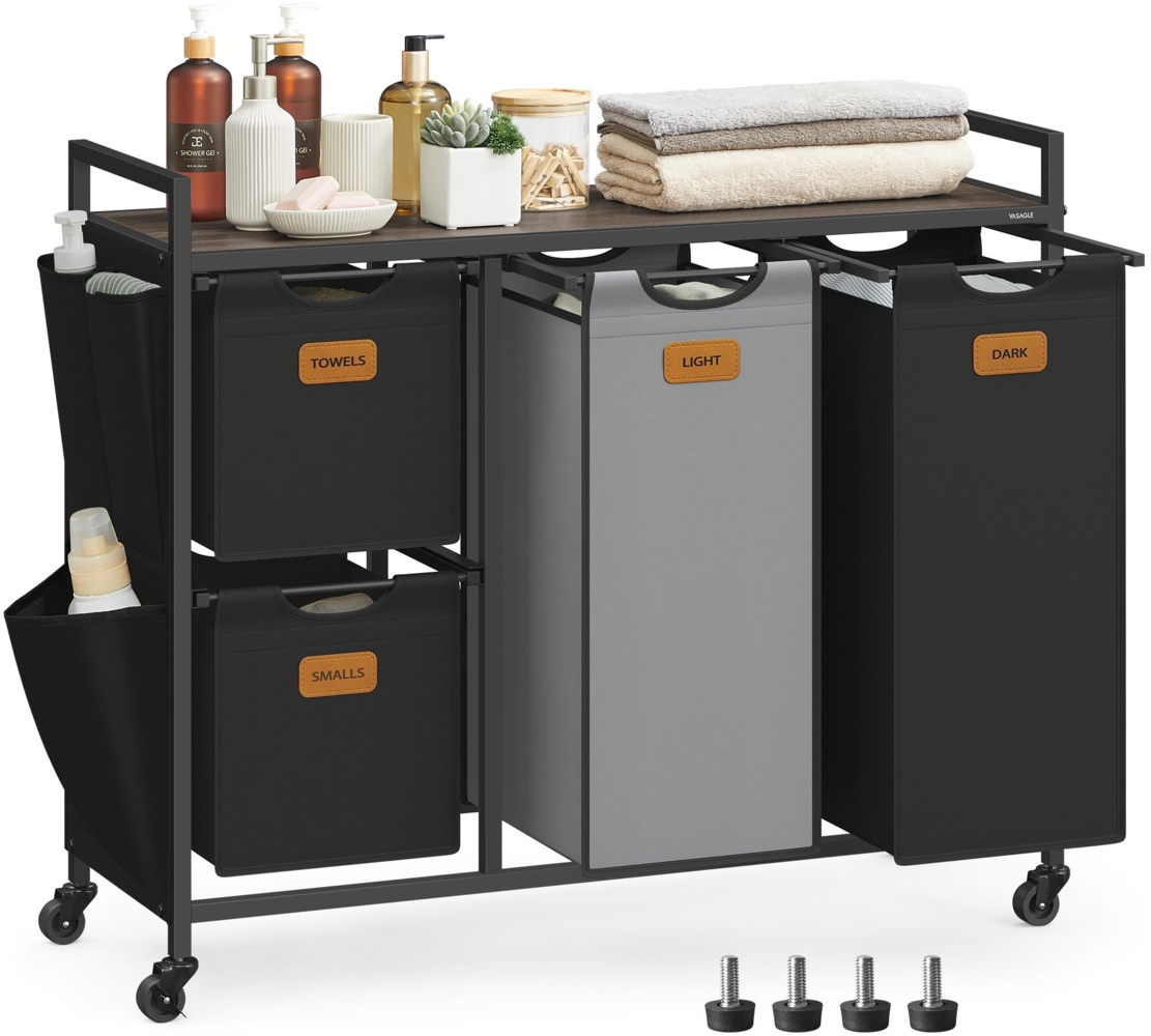 VASAGLE Wäschekorb 4 Fächer, Wäschesammler 150 L, Wäschesortierer, Rollen, Wäschewagen mit Ablage, Wäschesack, kleine seitliche Taschen, 6 Etiketten, kastanienbraun-tintenschwarz-taubengrau Bild 1