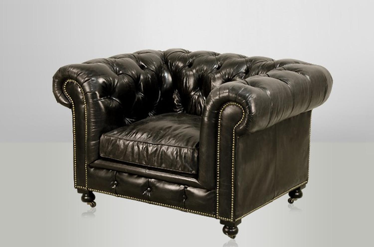 Chesterfield Luxus Echt Leder Sessel Vintage Leder von Casa Padrino Ebony - Club Sessel Bild 1