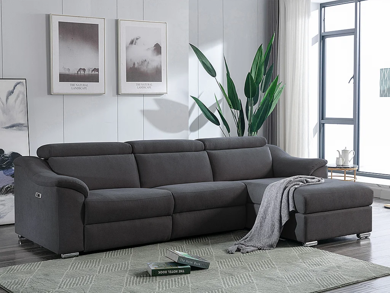 Vente-unique - Ecksofa mit elektrischer Relaxfunktion PEDRERA - Stoff - Anthrazit - Ecke rechts Bild 1