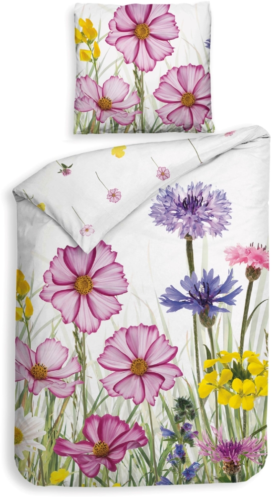 Heckett & Lane Satin Bettwäsche 135x200 Campo White Blumenwiese rosa gelb blau bunt Bild 1