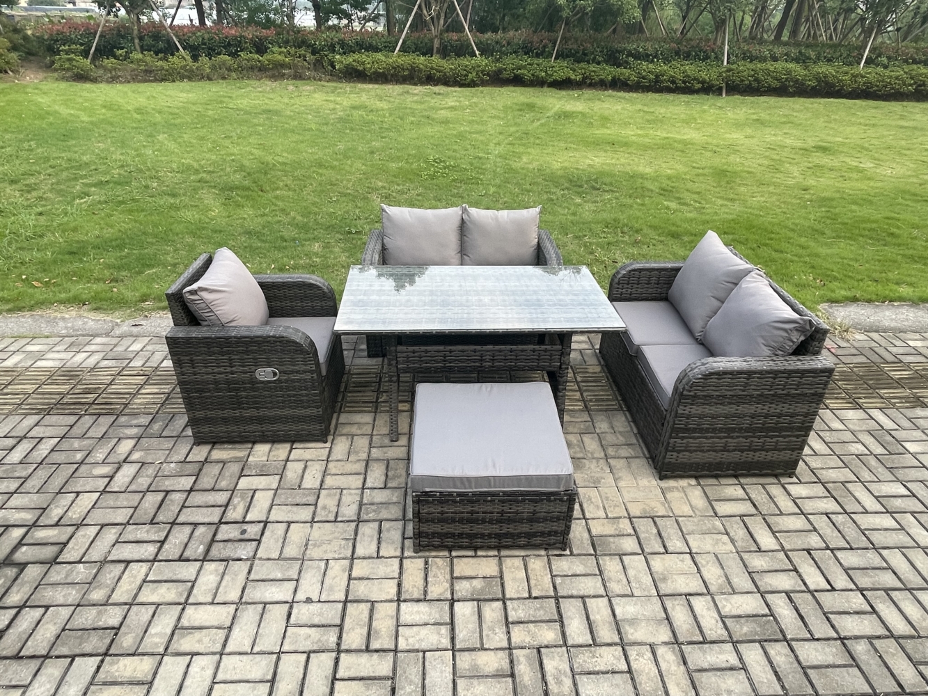 Fimous Rattan Garten Sofa Set Gartenmöbel Langer Rechteckiger Esstisch mit Sesseln Großer Fußhocker Dunkelgrau gemischt Bild 1