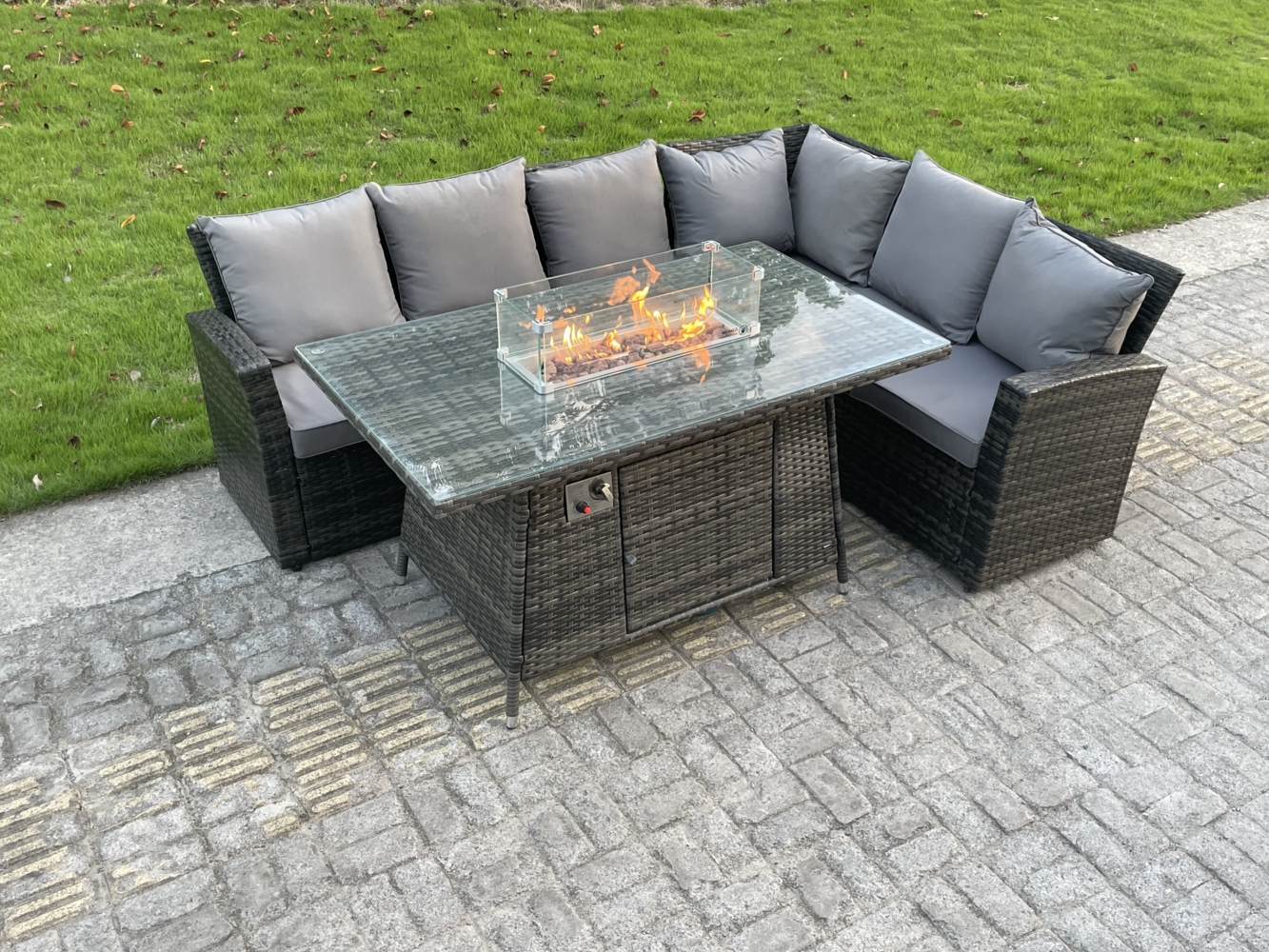Fimous High Back Rattan Ecksofa Set Gartenmöbel Set Gas Feuerstelle Esstisch Gasheizung 6-Sitzer Bild 1
