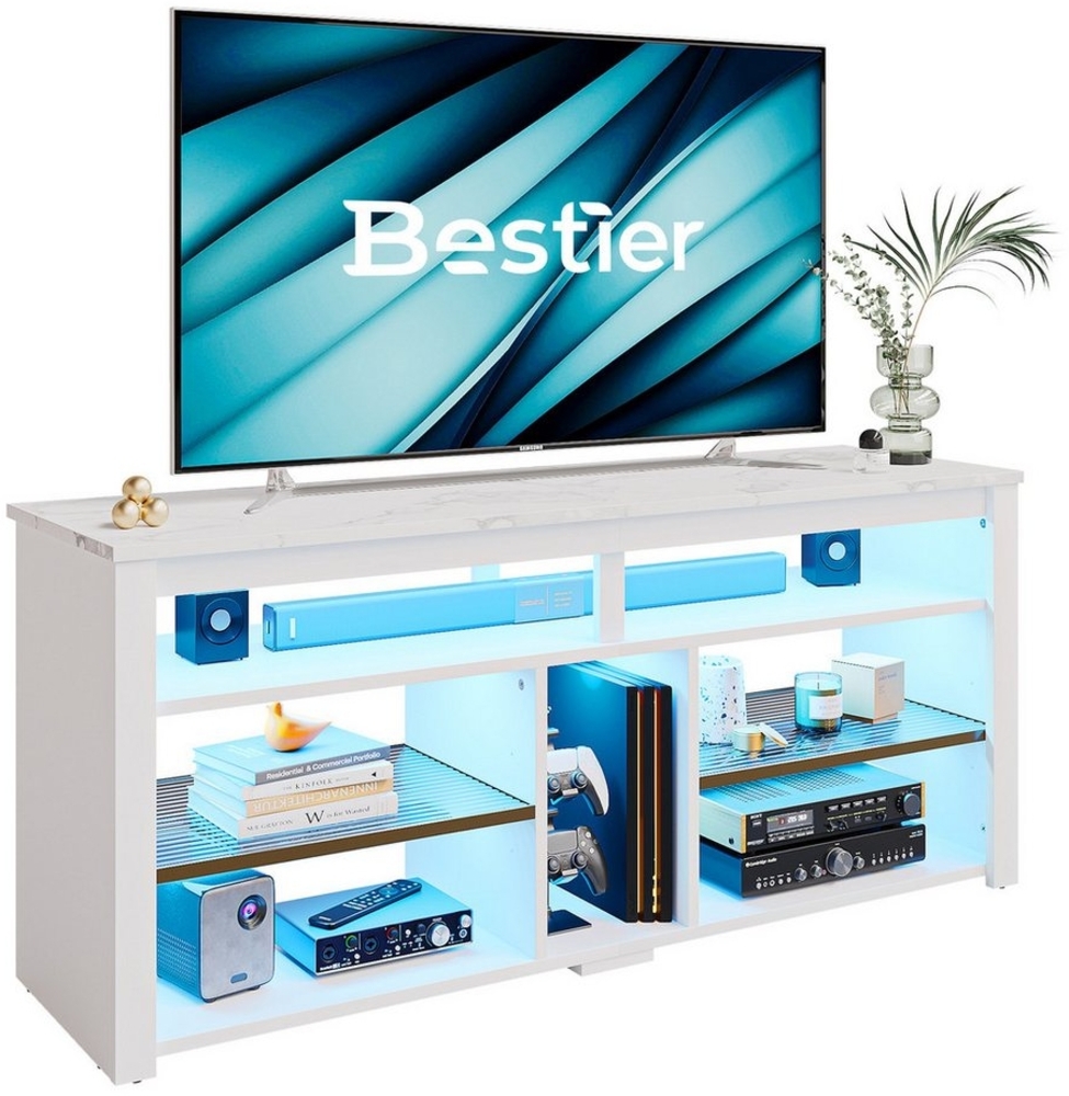 Bestier Lowboard TV-Schrank, Sideboard, Gaming TV Board mit LED-Beleuchtung (Breite 140 cm Fernsehtisch, 1 St, TV-Ständer für 55/60/65 Zoll Fernseher), Medien-TV Cabinet mit verstellbarem Regal, Weißer Marmor/Schwarze Bild 1