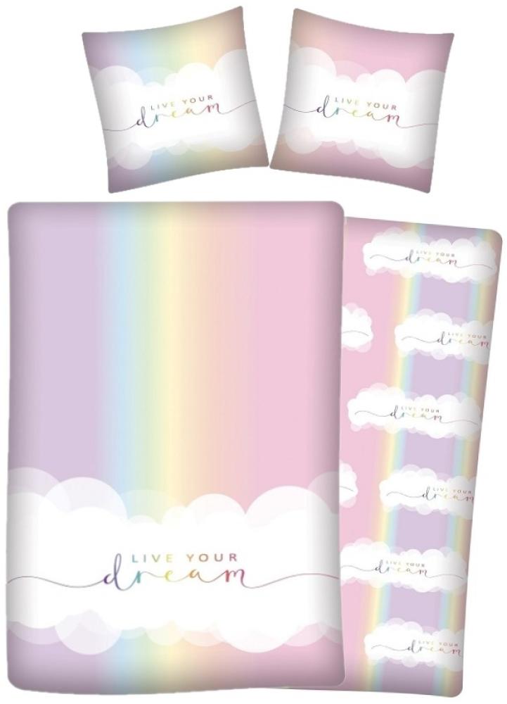 Mädchenbettwäsche Set 135x200 80x80 cm mit Regenbogen aus 100% Baumwolle Motiv Live Your Dream Bild 1