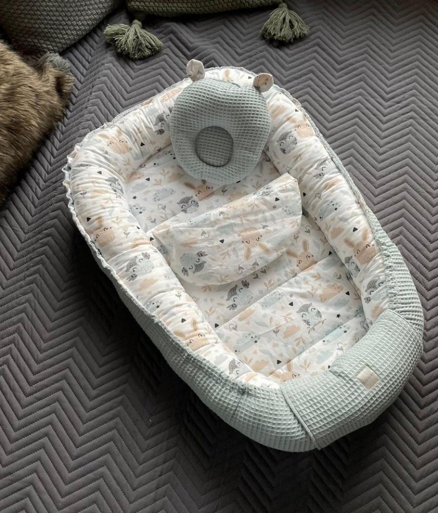 Loolay Bettnestchen Minze WAFFELPIQUE/ HASE Beige Weiß Babynest Babyausstattung, (Reisebett Nestchen SOLO/ o. in PREMIUM Geschenk SETS für Neugeborene, 3-tlg, 4 Jahreszeiten ATMUNGSAKTIVER WAFFELSTOFF Bestseller GESCHENK), LOOLAY® - 100% Europäische St... Bild 1