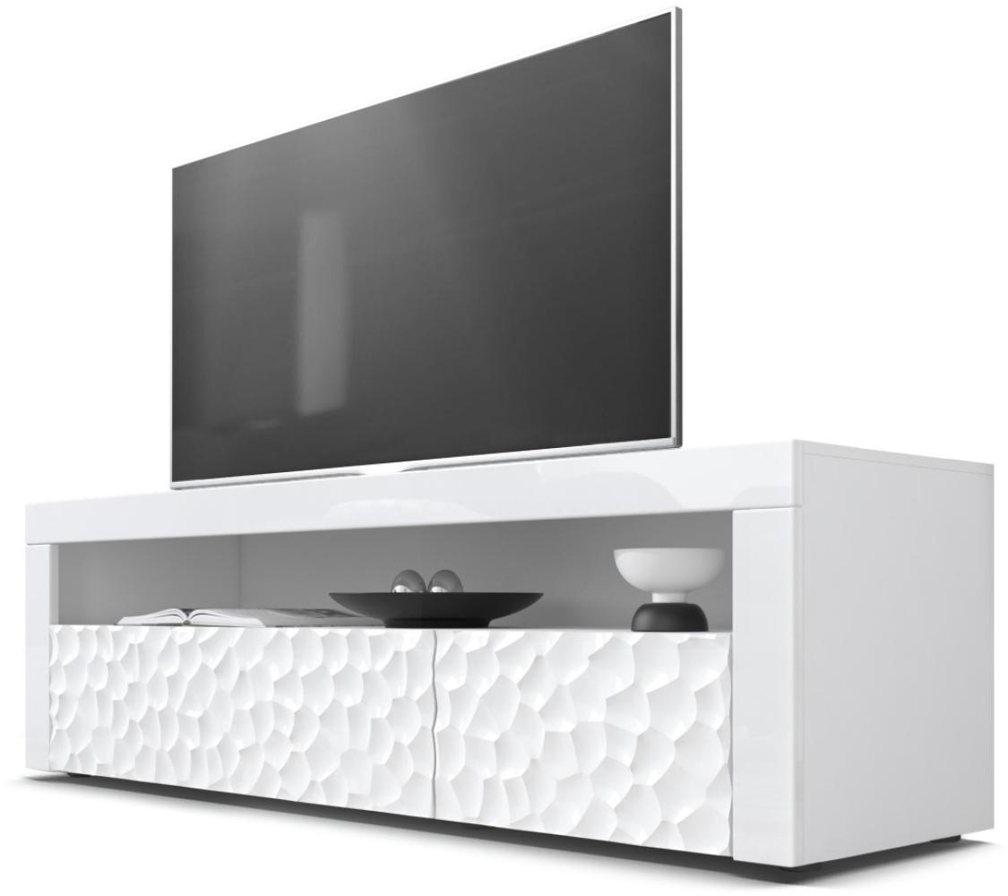 Vladon Lowboard Valencia, TV-Kommode mit 1 offenem Fach und 2 Klappen, Weiß/Weiß Hochglanz Calypso 3D Struktur/Weiß Hochglanz (155 x 46 x 40 cm) Bild 1