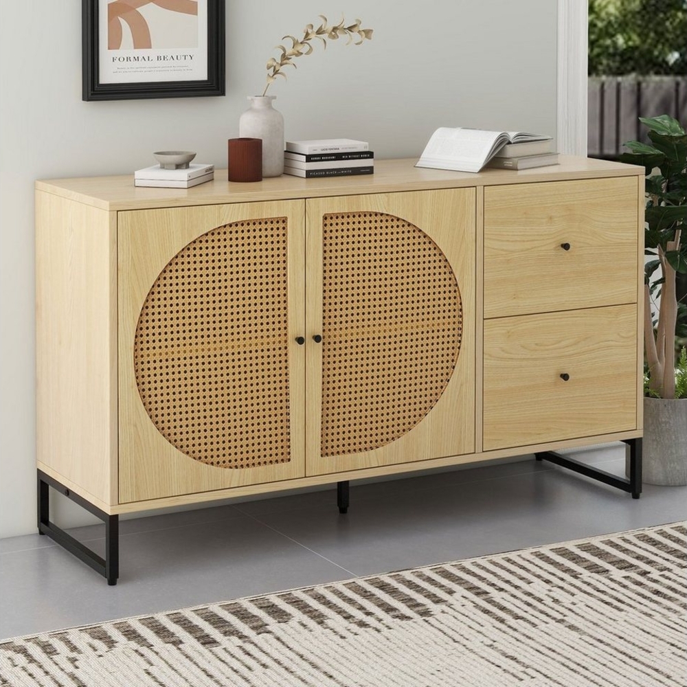 Odikalo Sideboard TV-Schrank Kommode 2 Rattan Türen 2 Schubladen Metallgriff Natur/Braun Bild 1