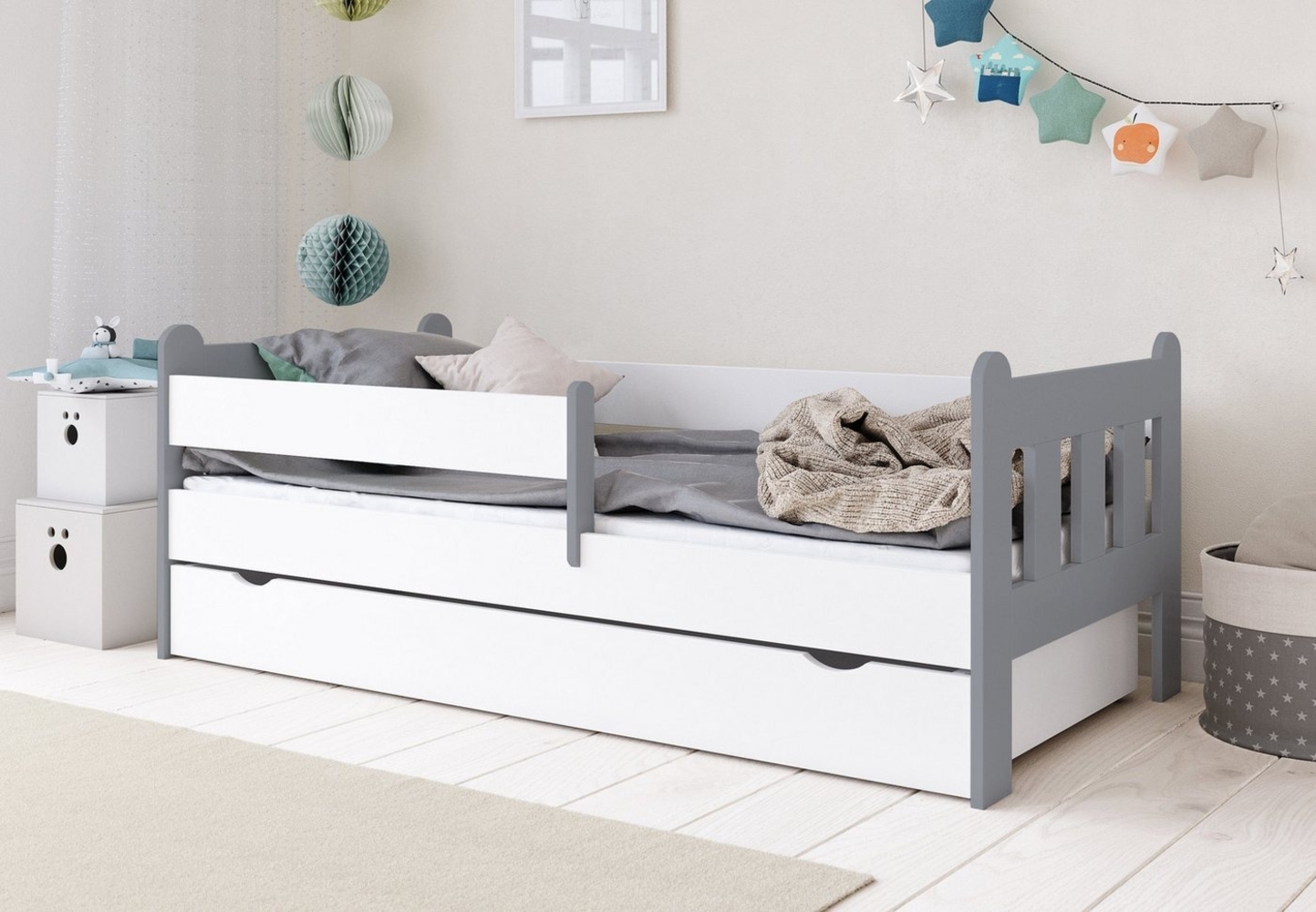 Kids Collective Kinderbett 80x160, 80x180, 90x200 cm mit Schublade, Rausfallschutz & Lattenrost, in weiß-grau 80x180 cm Mädchen Jungen Bett, optional mit Matratze Bild 1