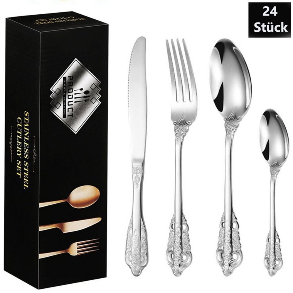 PFCTART Besteck-Set 24 Stück Silber Besteck Set, Hochwertig Edelstahl Besteck, 6 Personen (24-tlg), 6 Personen, Geprägte Design-Griffe, Bankett Essbesteck, Spülmaschinenfest Bild 1