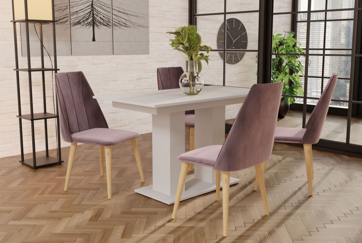 Essgruppe Weiss matt-Tisch mit 4 Flieder CAROS Stühlen für Esszimmer oder Küche Bild 1