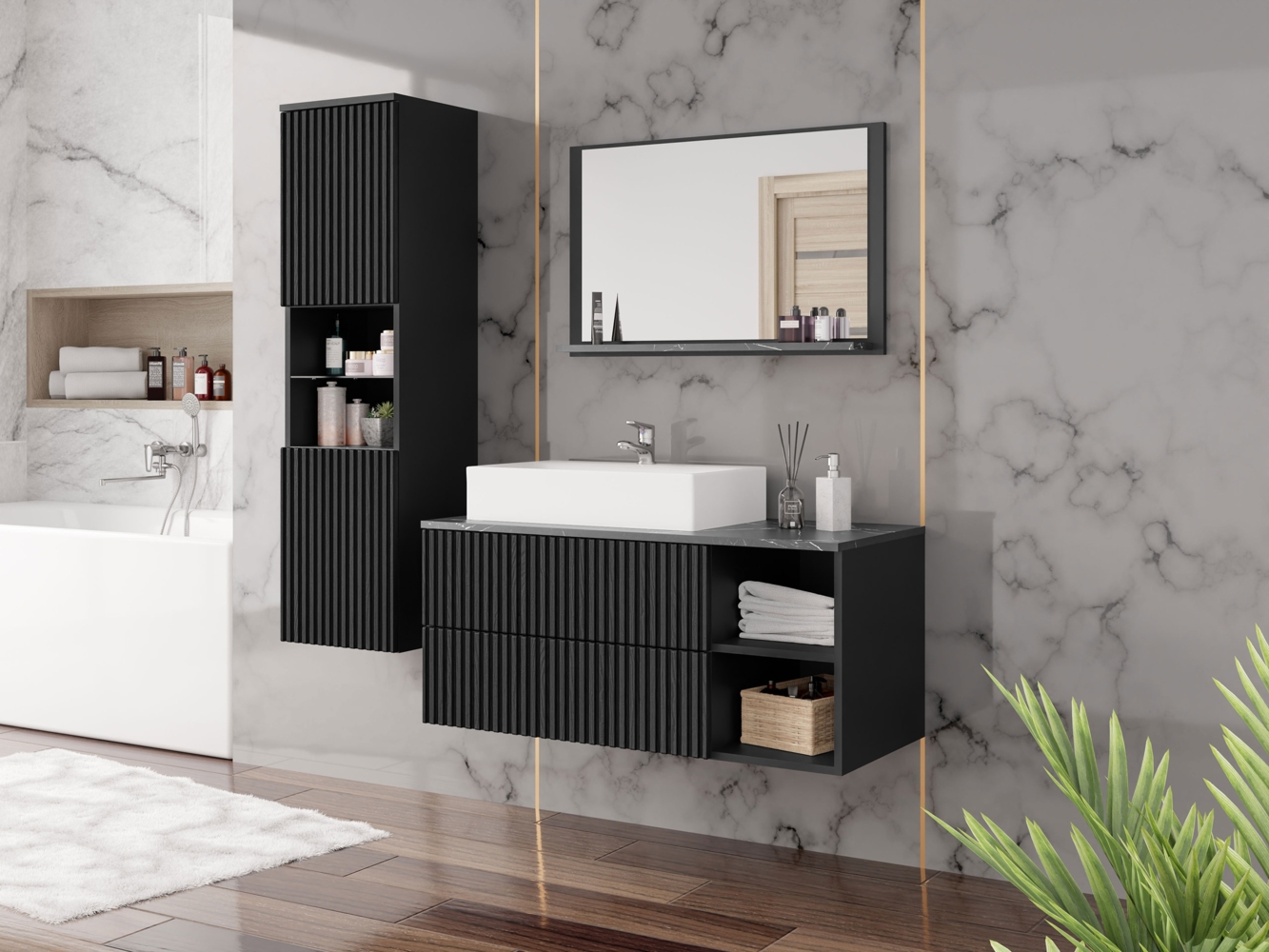Badmöbel-Set Kormen Rillen II (Farbe: Schwarz / Schwarz Rillen + Schwarzer Marmor) Bild 1